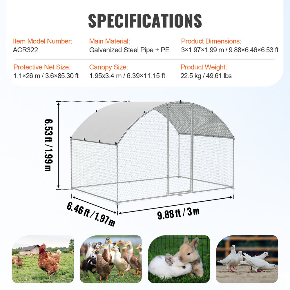 Vevor Chicken Coop 9.8' x 6.5' x 6.5' Dome Walk-in Run Waterproof Cover New