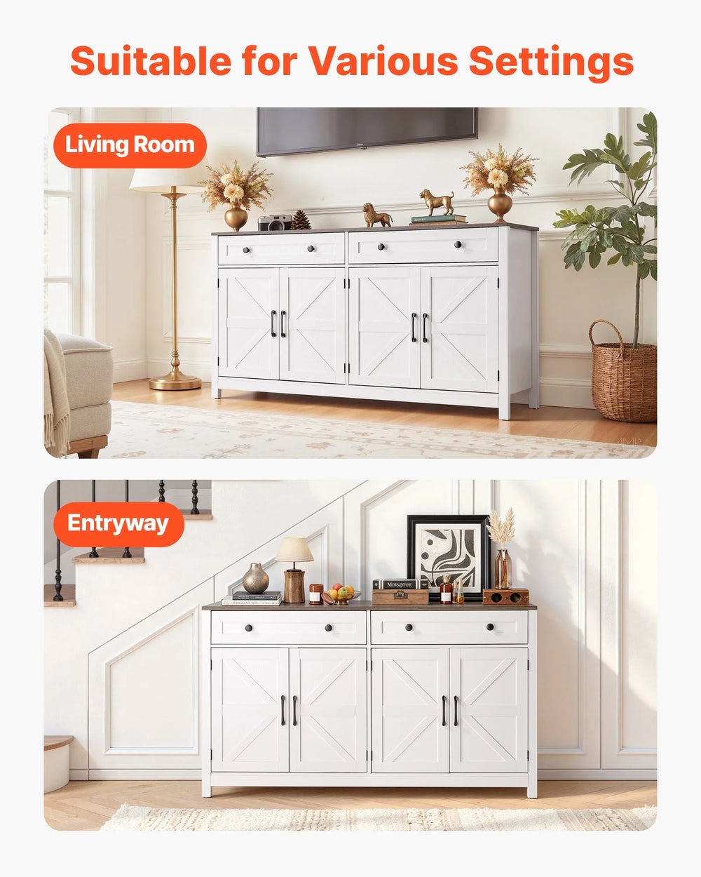 Vevor Coffee Bar Cabinet with 2 Drawers and 4 Barn Doors White New