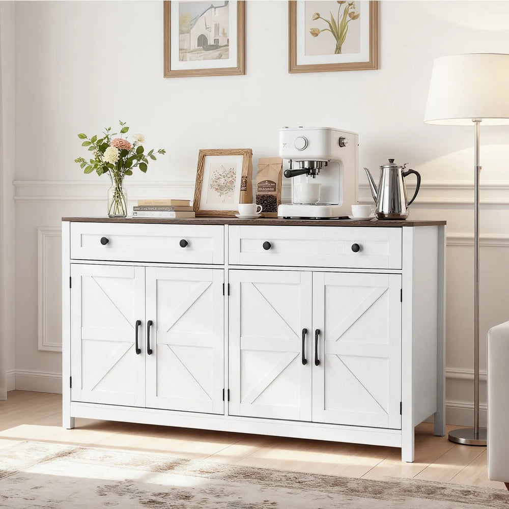 Vevor Coffee Bar Cabinet with 2 Drawers and 4 Barn Doors White New