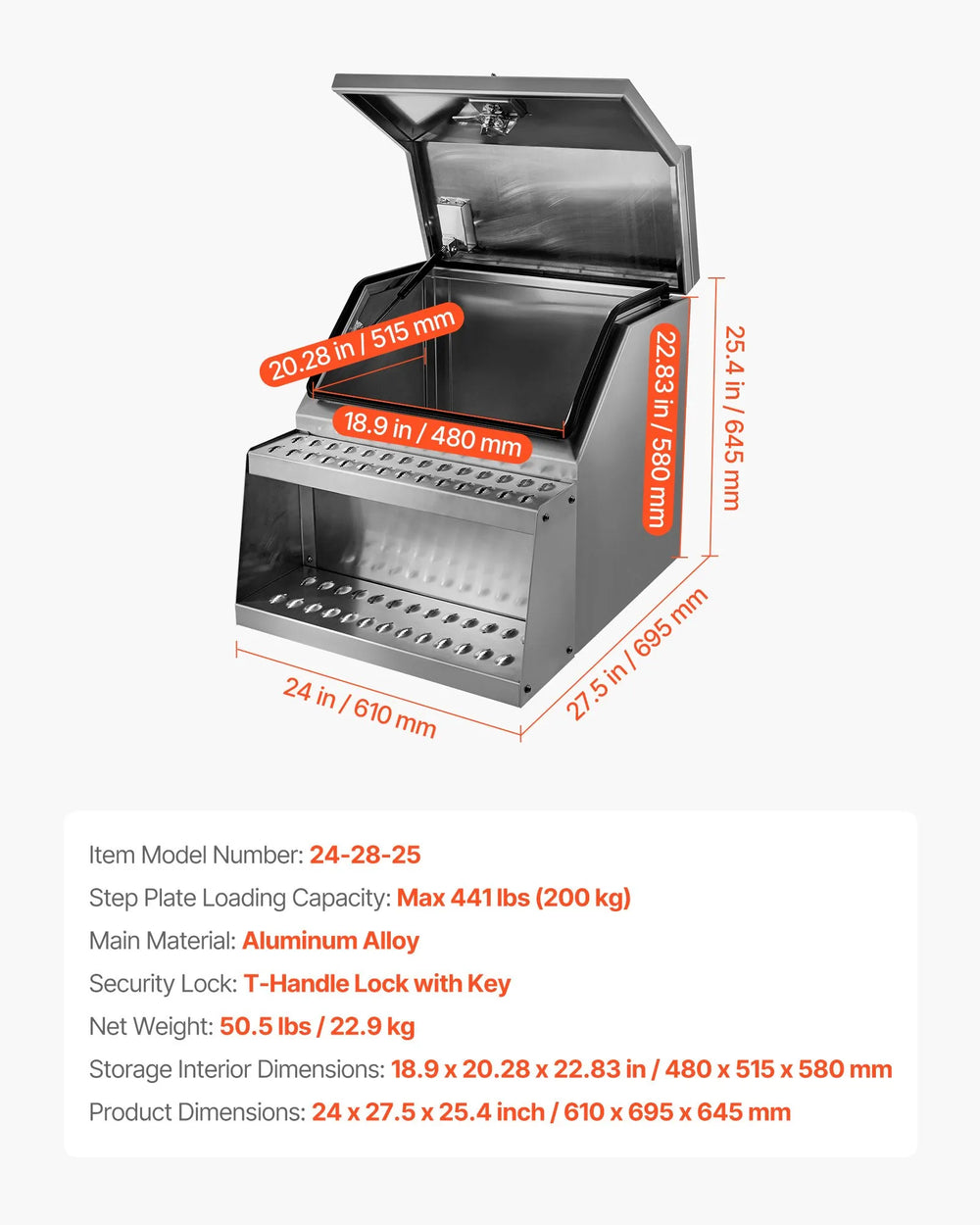 Vevor Semi-Truck Step Tool Box 24" x 27.5" x 25" Aluminum Side Mount with Lock New