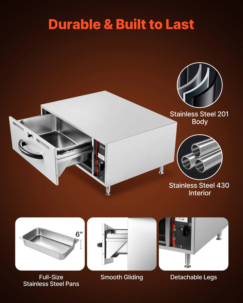 Vevor Electric Drawer Warmer Stainless Steel Freestanding 85-185°F 500W New