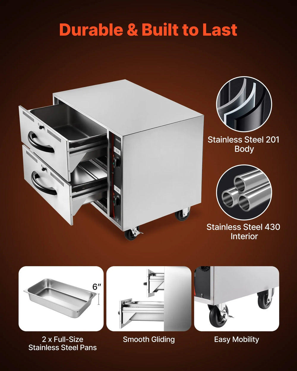 Vevor Electric Two-Drawer Food Warmer Freestanding Cabinet 85-185°F Adjustable Temp New