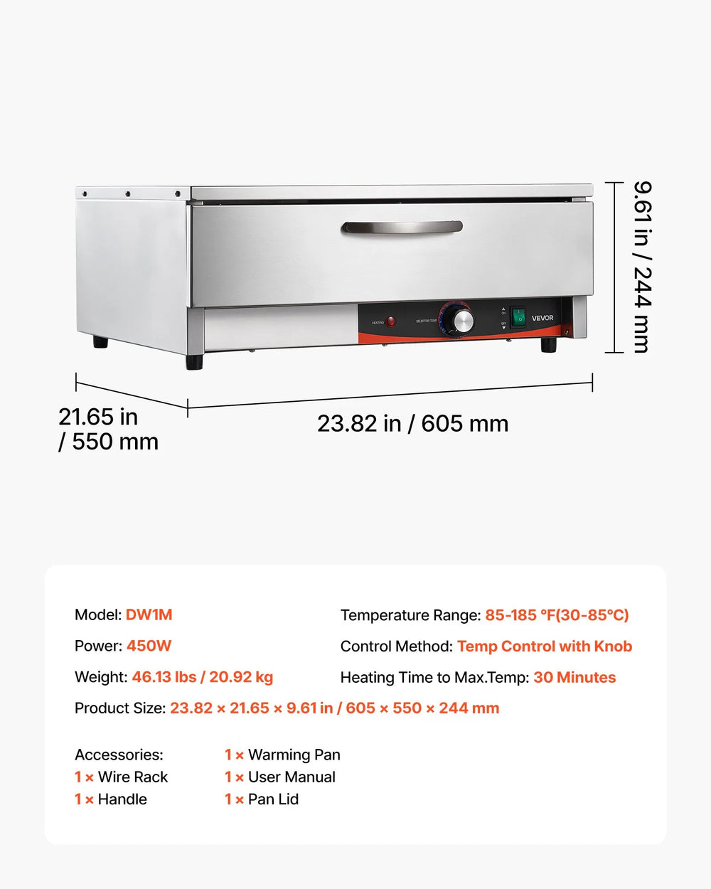 Vevor Drawer Food Warmer Freestanding Cabinet 85-185°F Stainless Steel 450W New