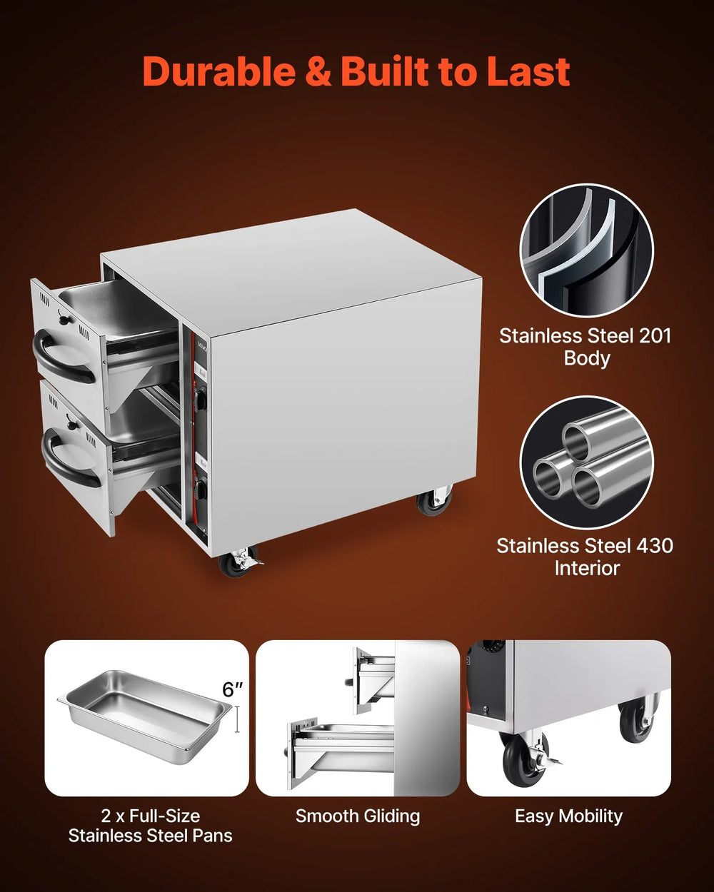 Vevor Electric Food Warmer Two Drawer Full Size Pan Cabinet 85-185°F 1000W New