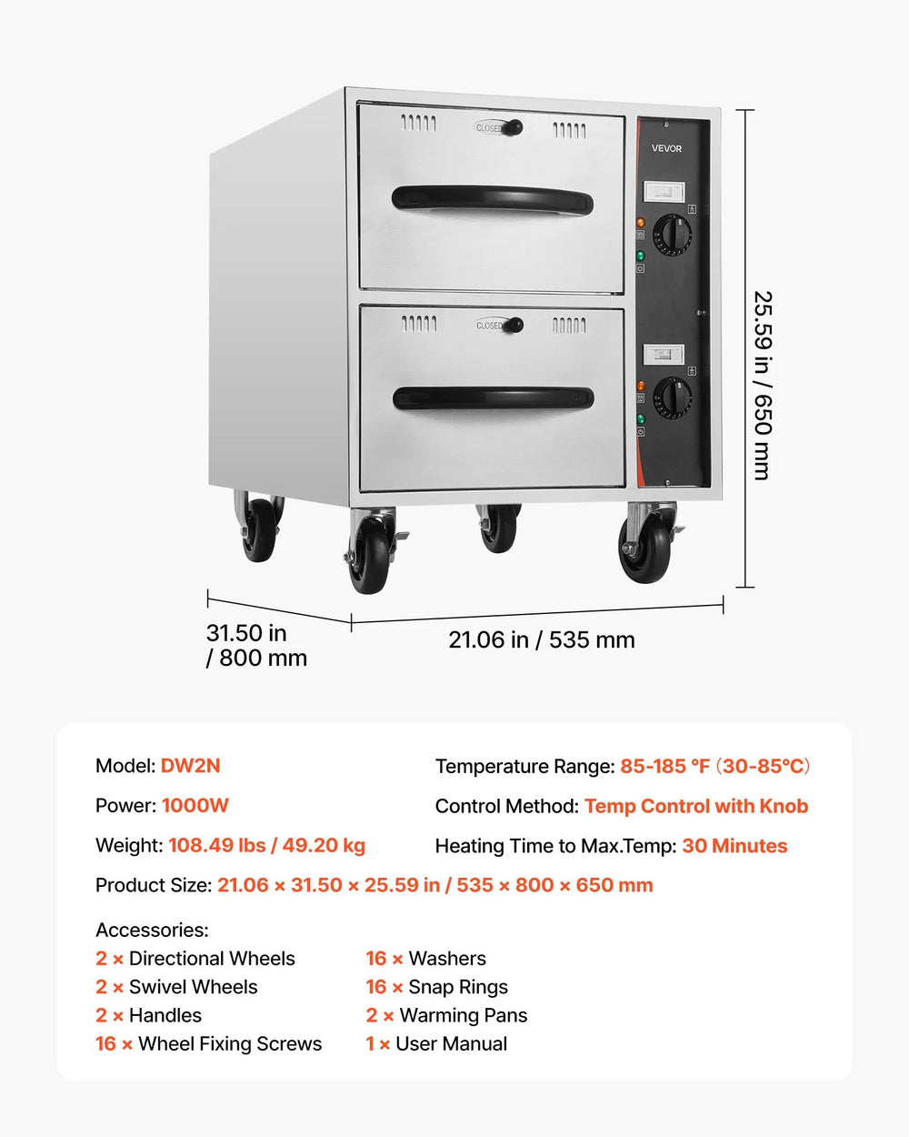 Vevor Electric Food Warmer Two Drawer Full Size Pan Cabinet 85-185°F 1000W New
