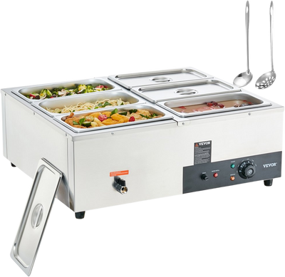 Vevor Food Warmer 6 Pan 8 Qt. for Countertop 1200W Electric Steam Table Stainless Steel New