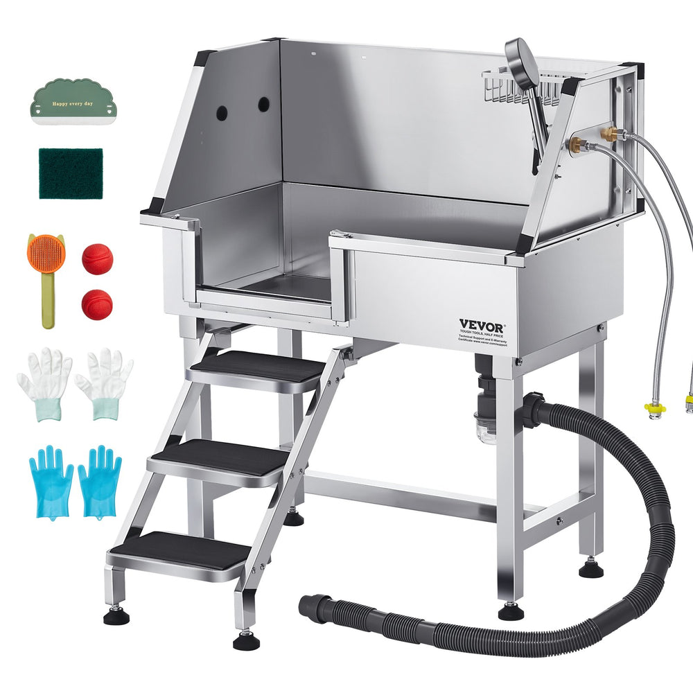 Vevor Pet Grooming Tub 34 in. with Shower Faucet Non-Slip Stairs Stainless Steel New