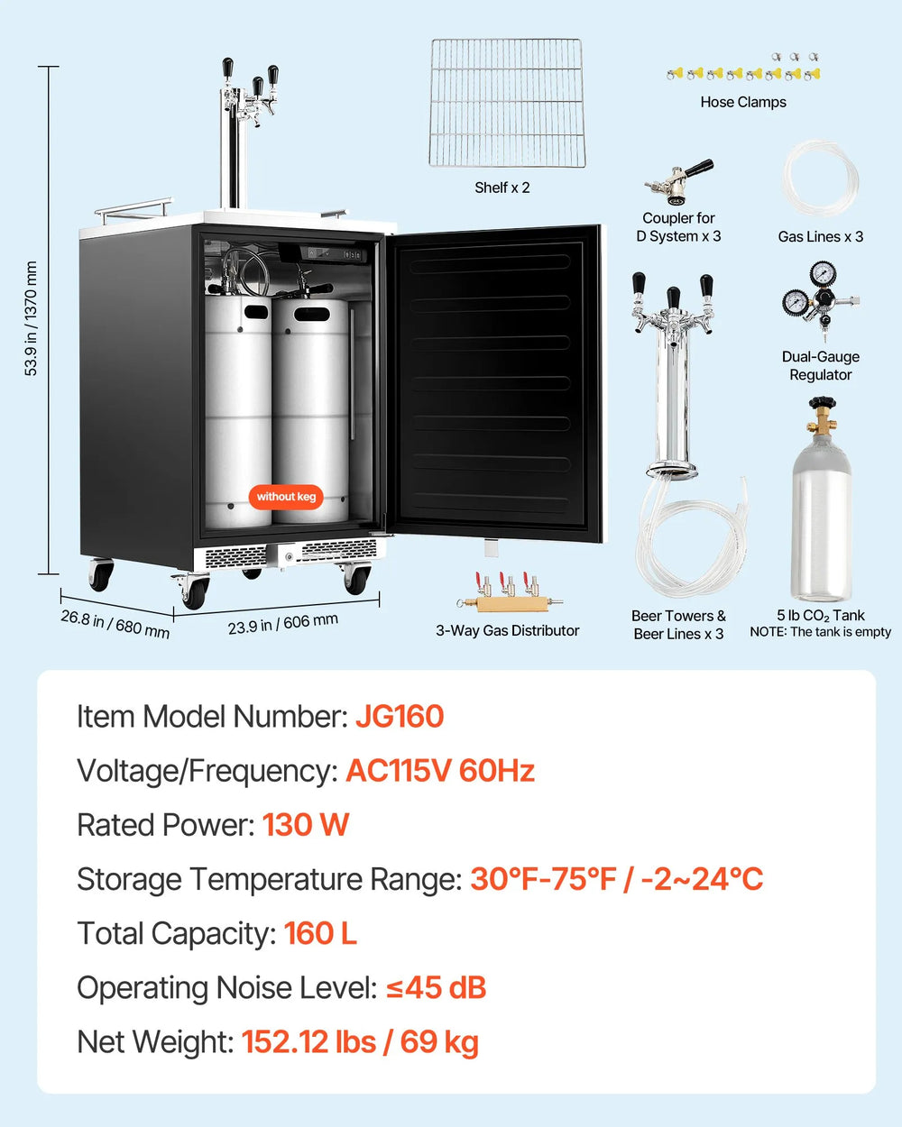 Vevor Beer Kegerator Dispenser Triple Tap Full Keg 160L Capacity with Temp Control New