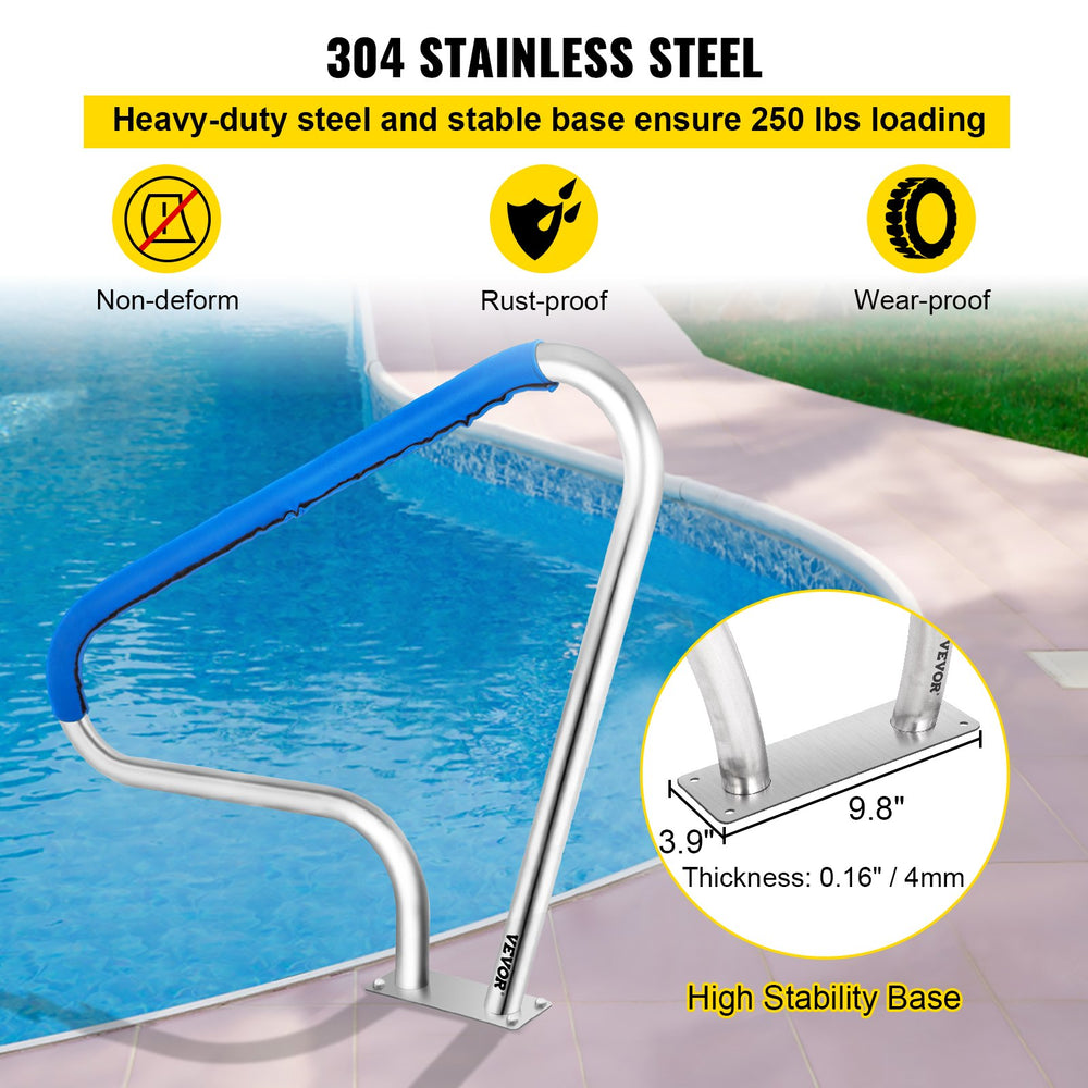 Vevor Pool Rail 48" x 36" Rustproof Handrail 250 Lbs Capacity with Blue Nylon Grip Cover New