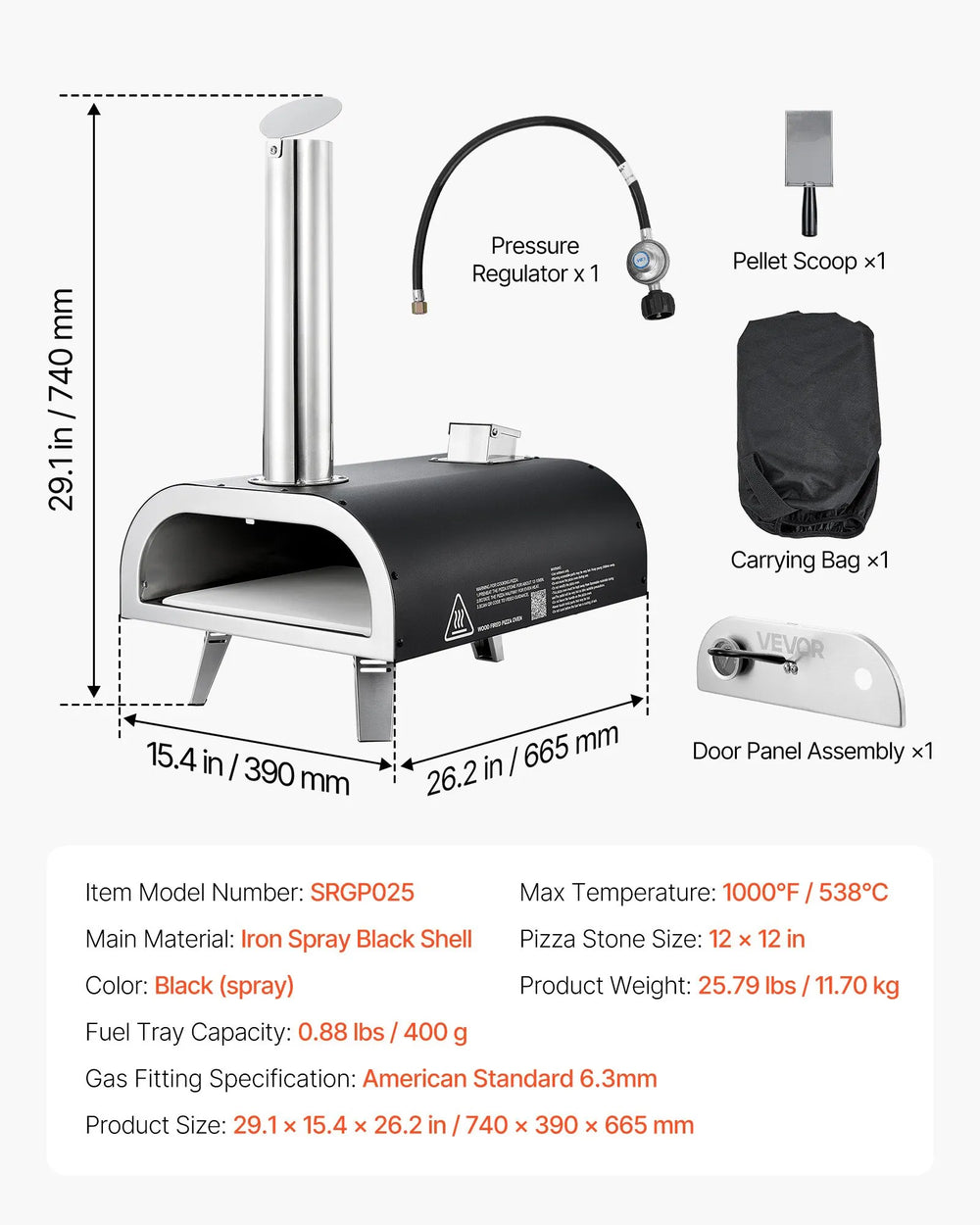 Vevor Outdoor Pizza Oven 12" Dual Fuel Pellet & Propane Portable New