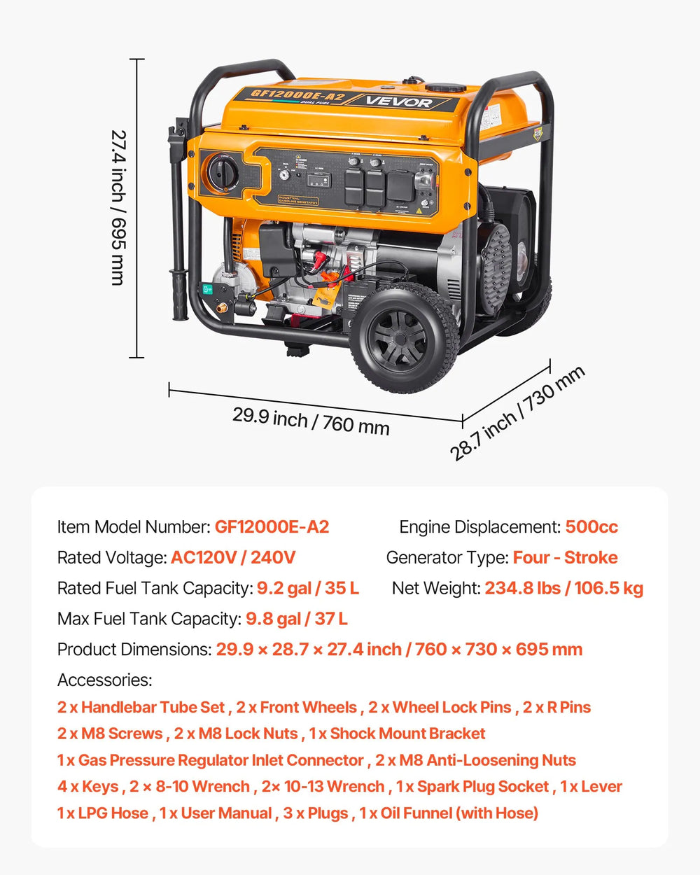 Vevor 9000W/13500W Generator Dual Fuel Gas Liquid Propane 50A Electric Start CO Sensor New