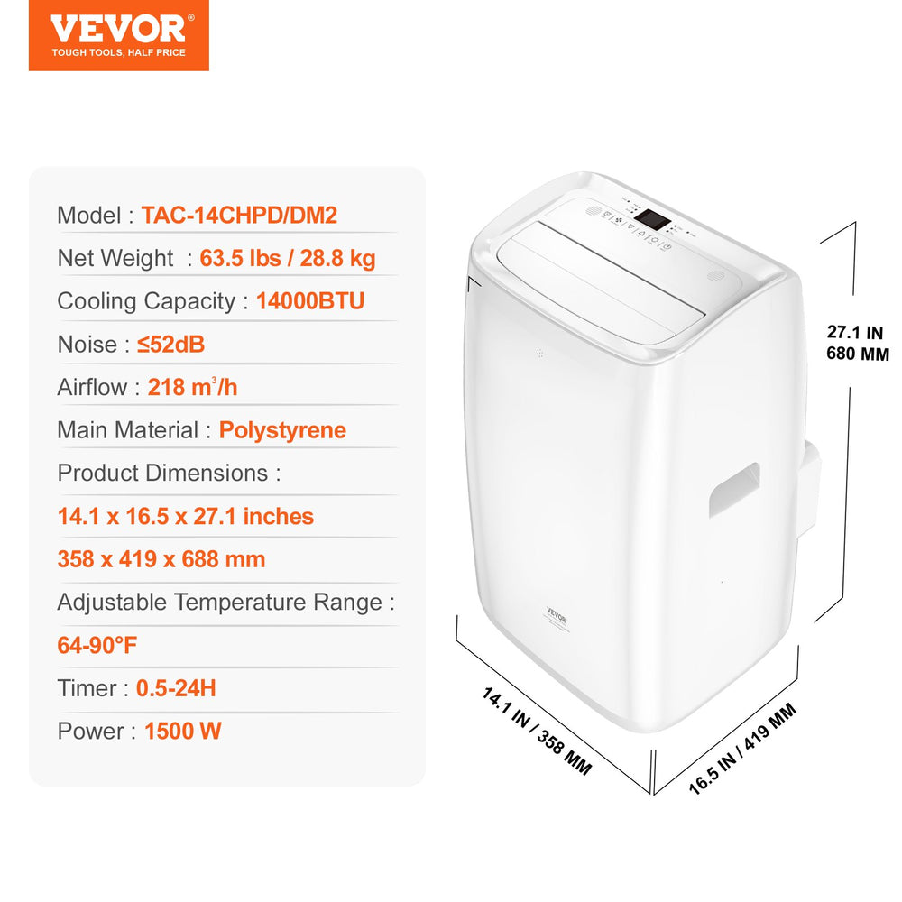 Vevor Portable Air Conditioner 14k BTU 4-in-1 Warm/Cool Dehumidifier Fan New