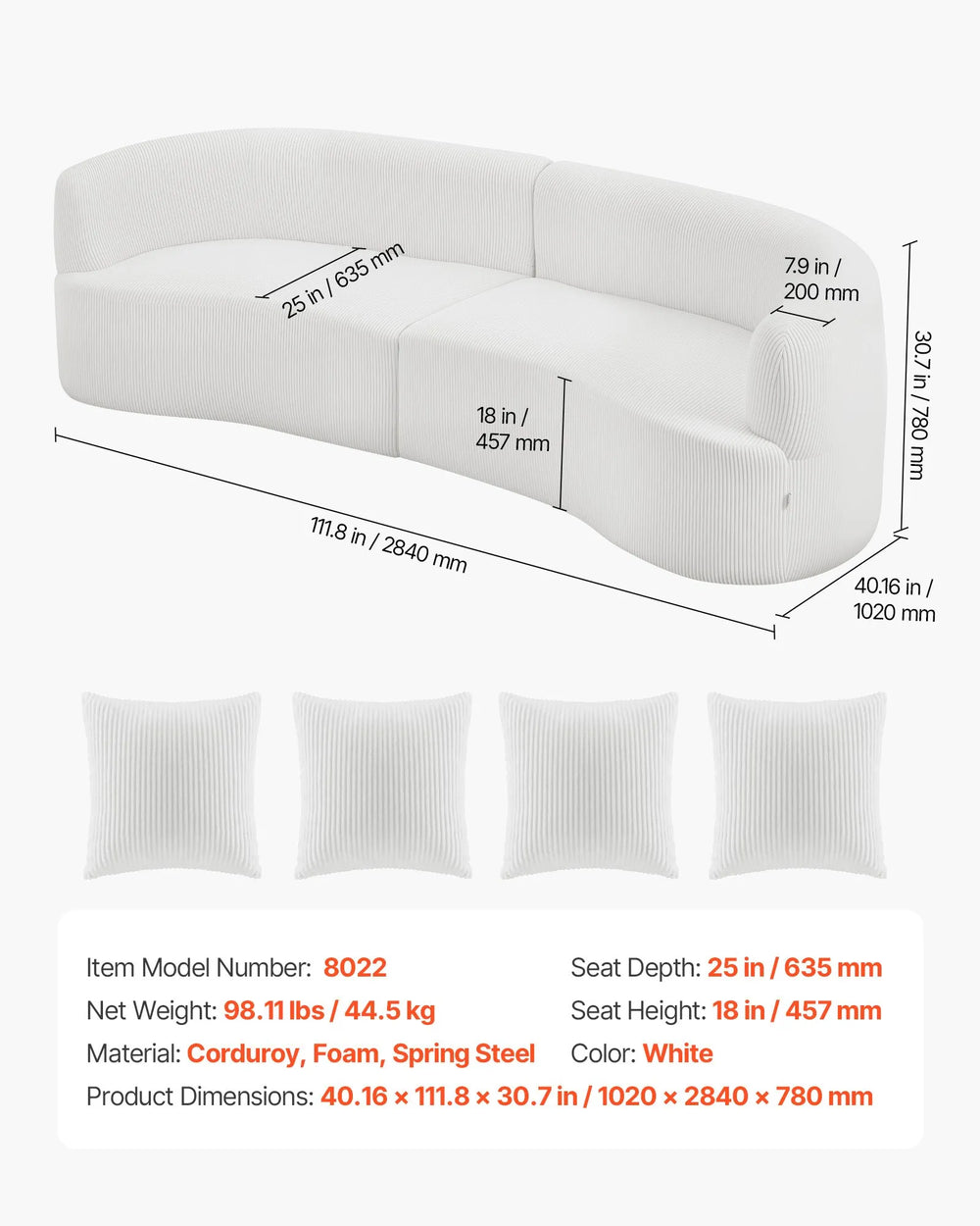 Vevor Sectional Sofa Modern Cloud Plush 112" Curved Modular with Pillows New