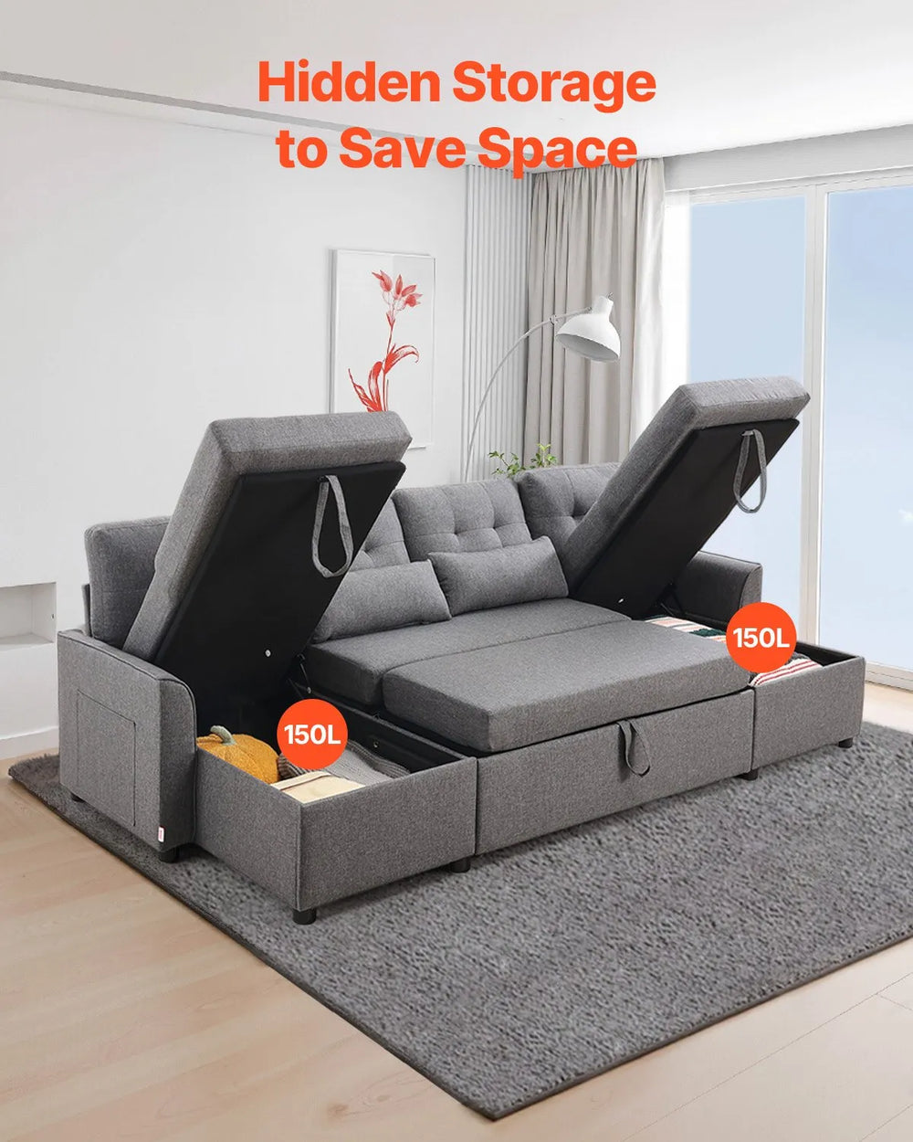 Vevor Sofa Bed U-Shaped 6-Seat Pull Out Sleeper Couch New