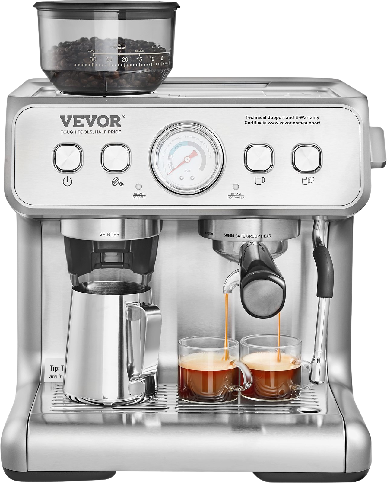 Vevor Espresso Machine 15 Bar Coffee Maker with Grinder & Milk Frother Steam Wand New