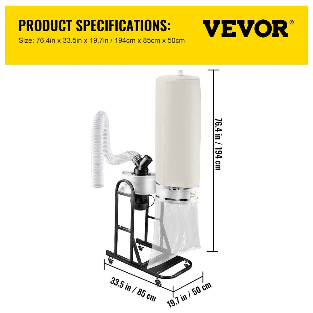 Vevor  Wheeled Dust Collector 1.5 HP with 647 CFM Airflow 13.2-Gal. Bag 25 Micron Canister Kit New