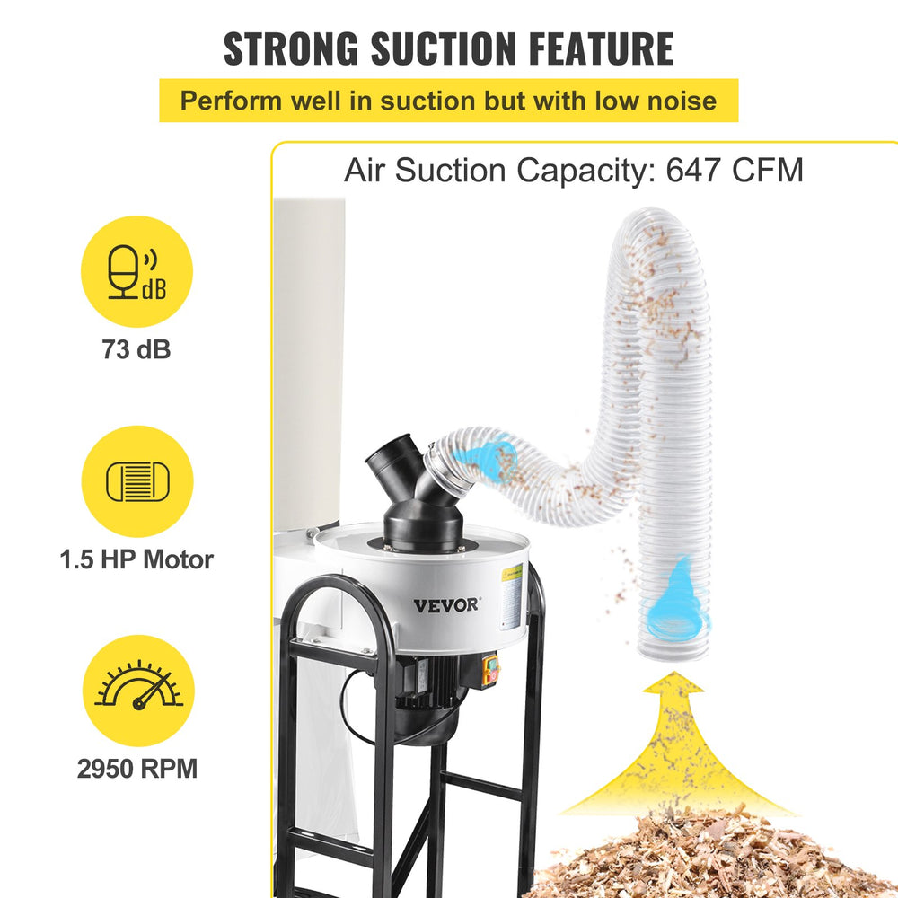 Vevor  Wheeled Dust Collector 1.5 HP with 647 CFM Airflow 13.2-Gal. Bag 25 Micron Canister Kit New