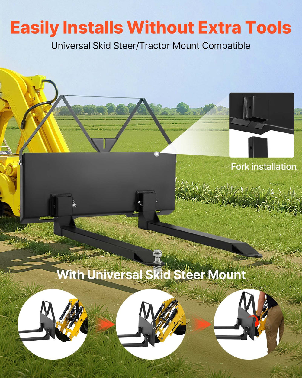 Vevor Skid Steer Pallet Forks with 48" Blades 1-7/8" Ball Hitch Receiver 2,600 lb. Capacity New