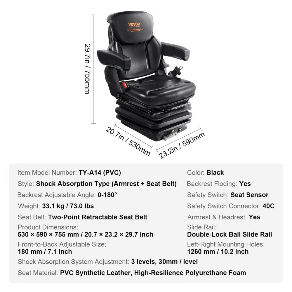 Vevor Universal Forklift Tractor Seat Suspension 3 Level Shock Absorption Micro Switch Seatbelt Black New