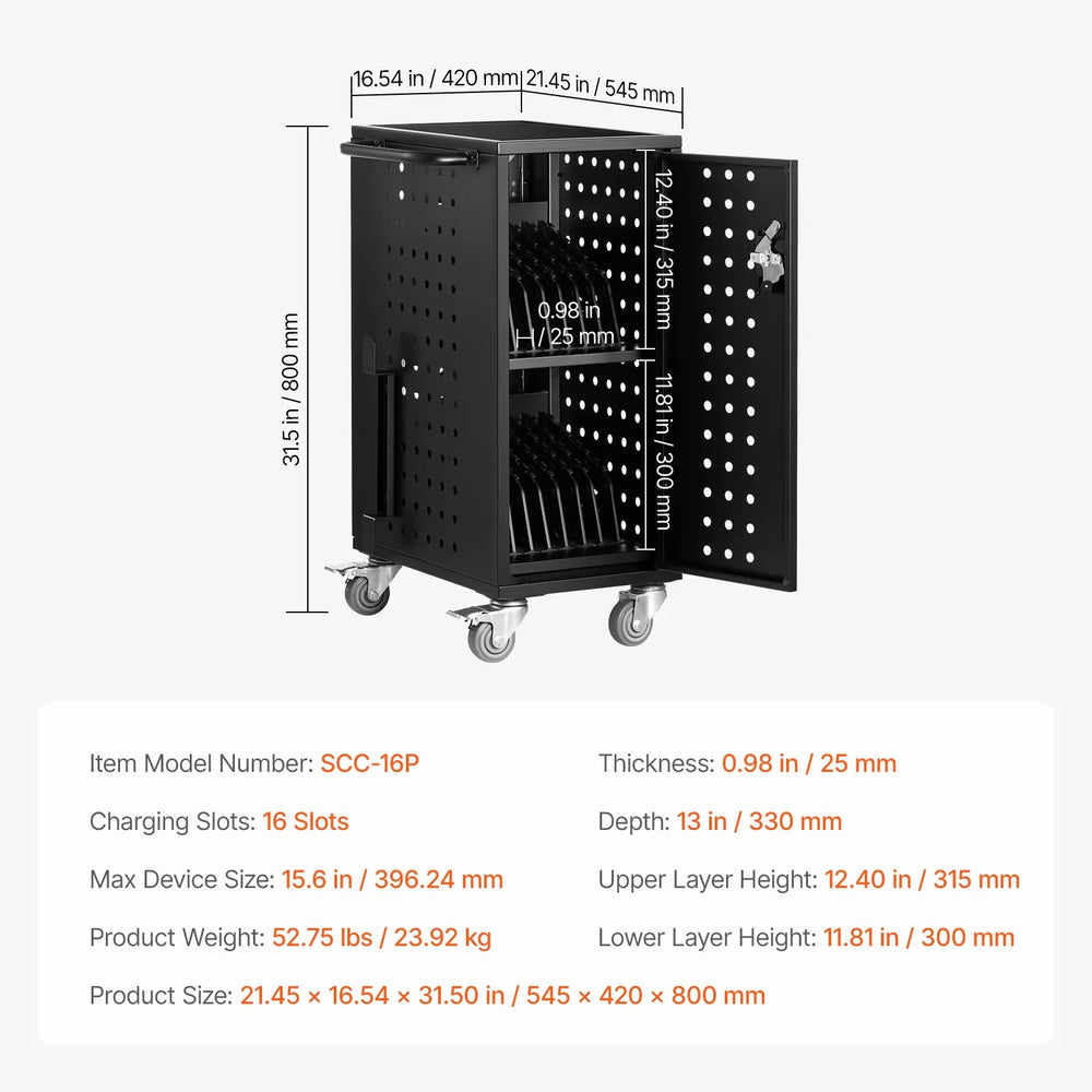 Vevor Mobile Charging Cart Fits 16 Laptops/Tablets up to 15.6" Lockable with Surge Protection New