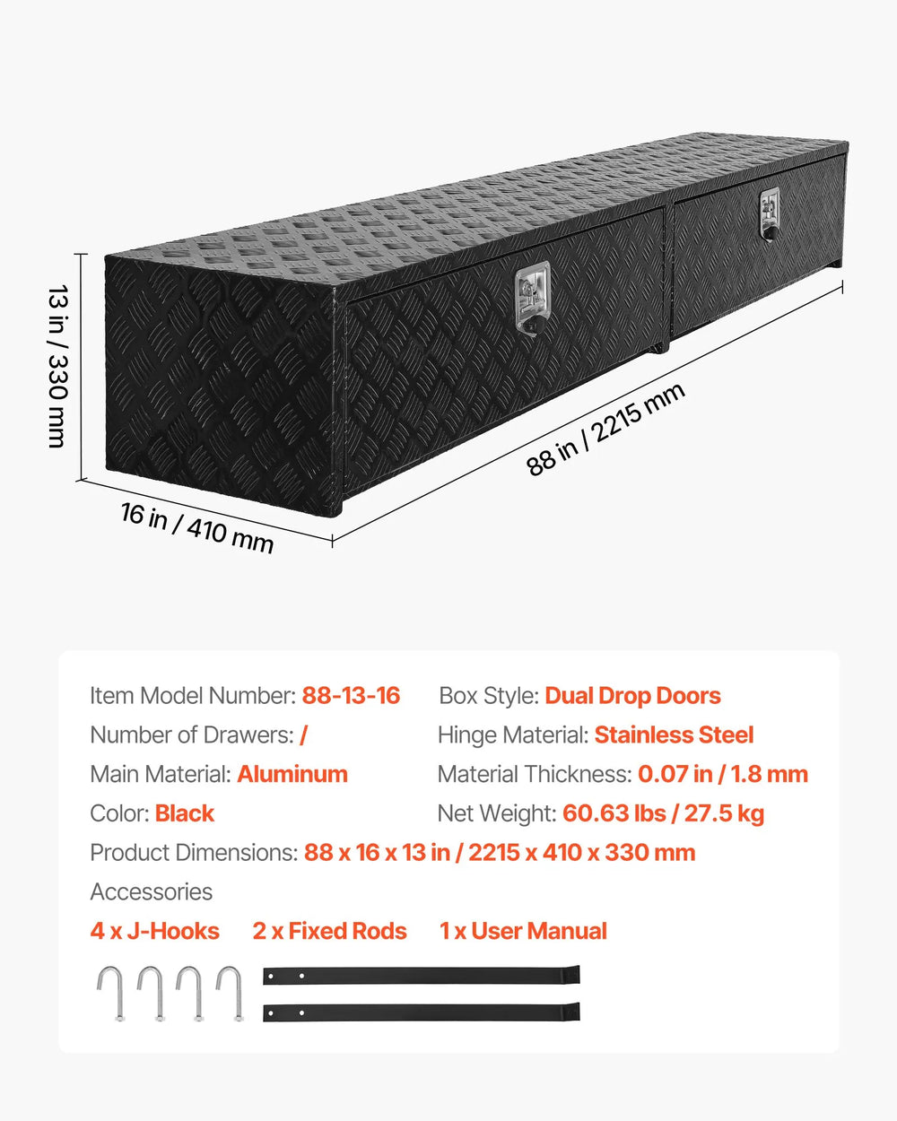 Vevor Truck Tool Box 88" x 16" x 13" Aluminum Topsider Dual Drop Doors Lockable New