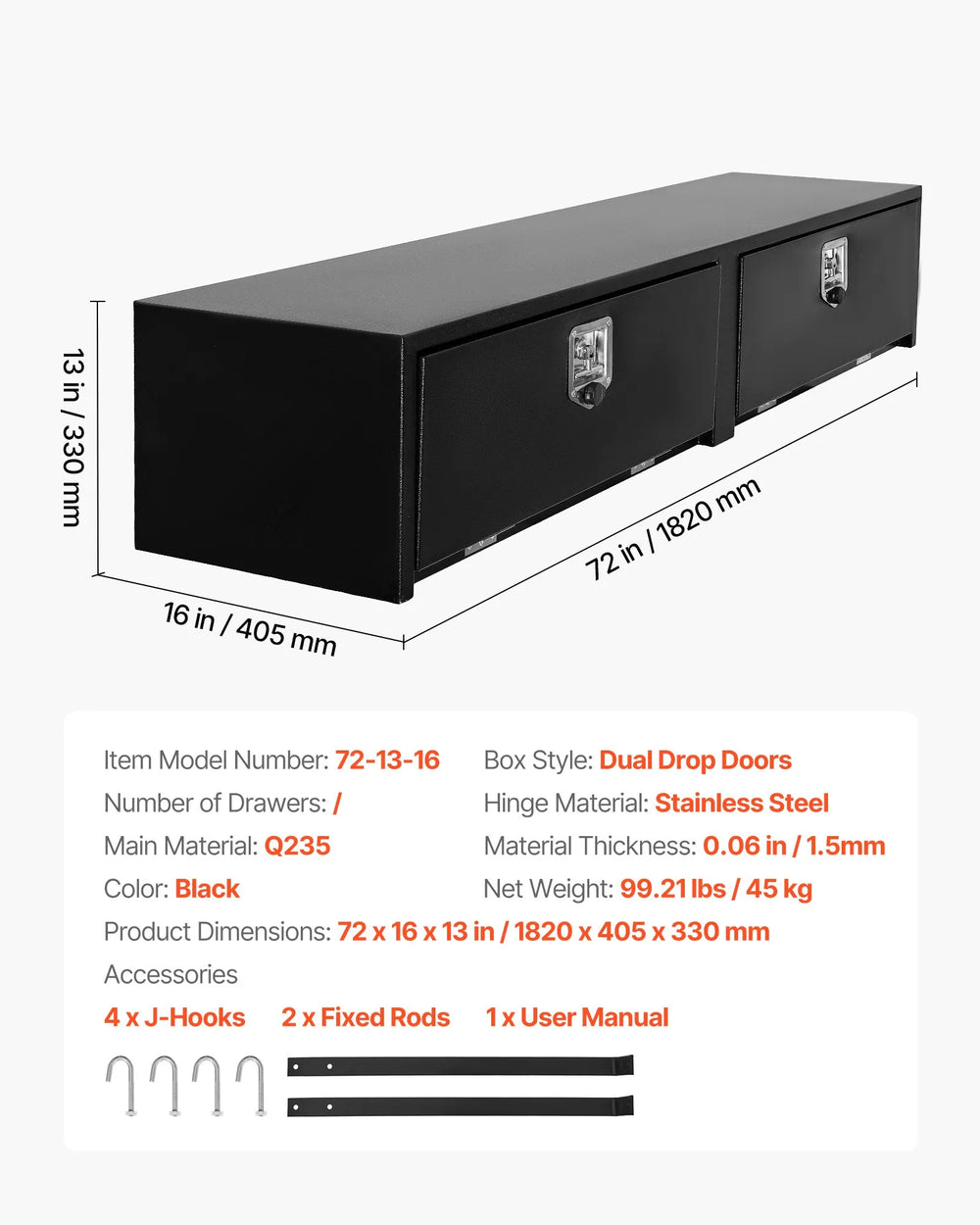 Vevor Truck Tool Box 72" x 16" x 13" Carbon Steel with Dual Drop Doors New