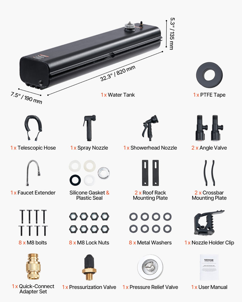 Vevor Roof Rack Water Tank 4 Gallon with Showerhead Splash-Guard Panels New