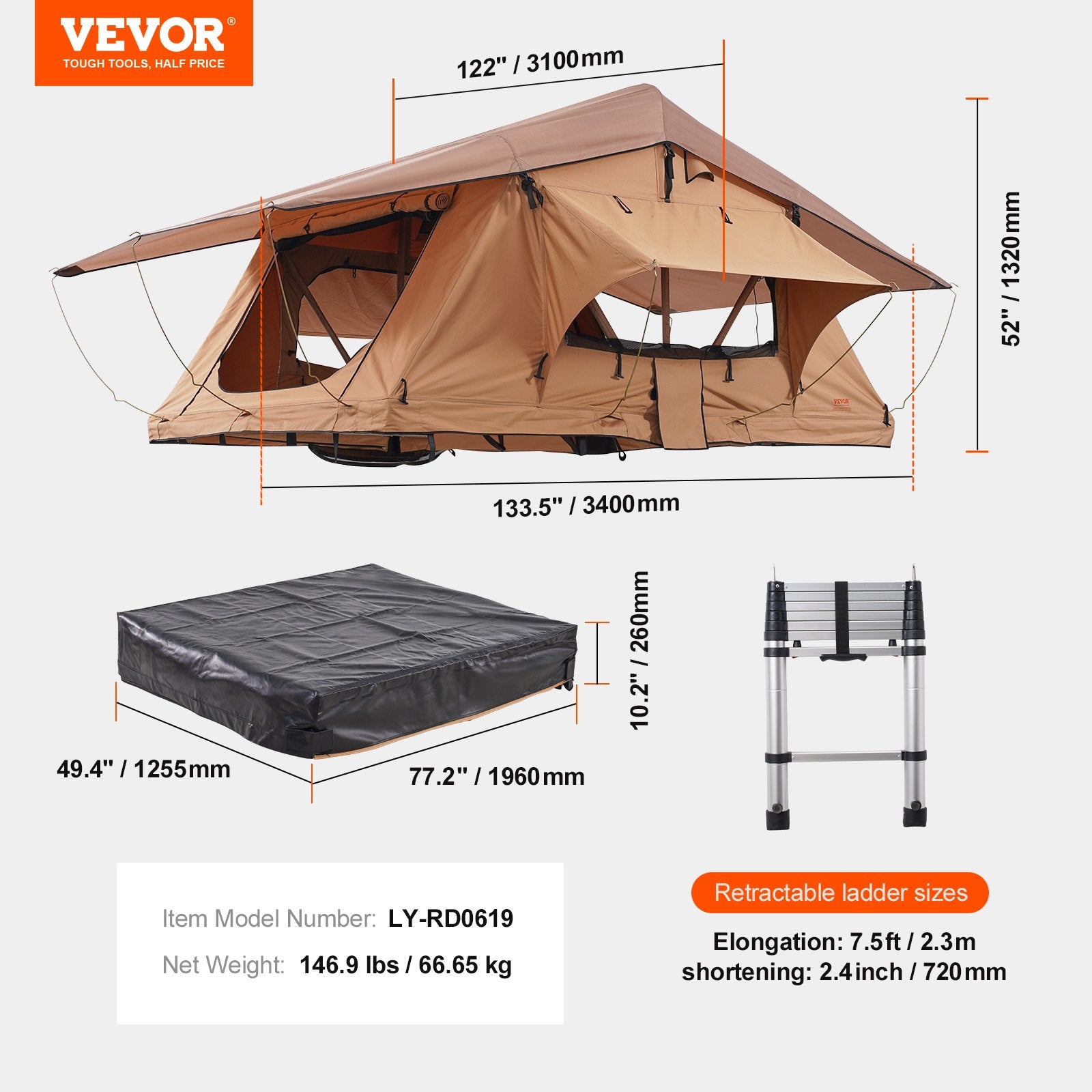 Vevor Rooftop Tent Square Hard Shell Waterproof for Jeep