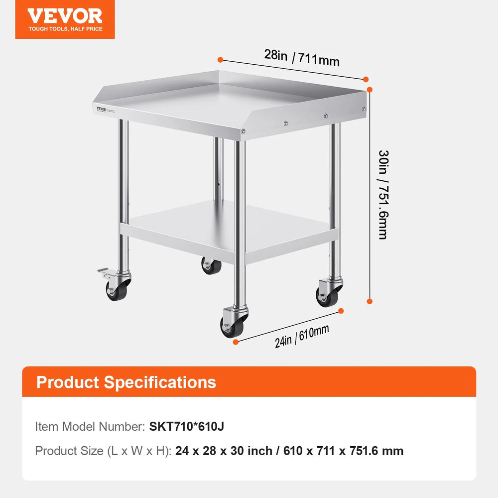 Vevor Prep Table Stainless Steel 24" x 28" Worktable with 3-Sided Backsplash Casters New