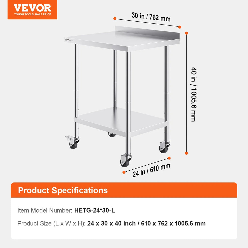 Vevor Work Table 24" x 30" Stainless Steel Food Prep Table with Casters New