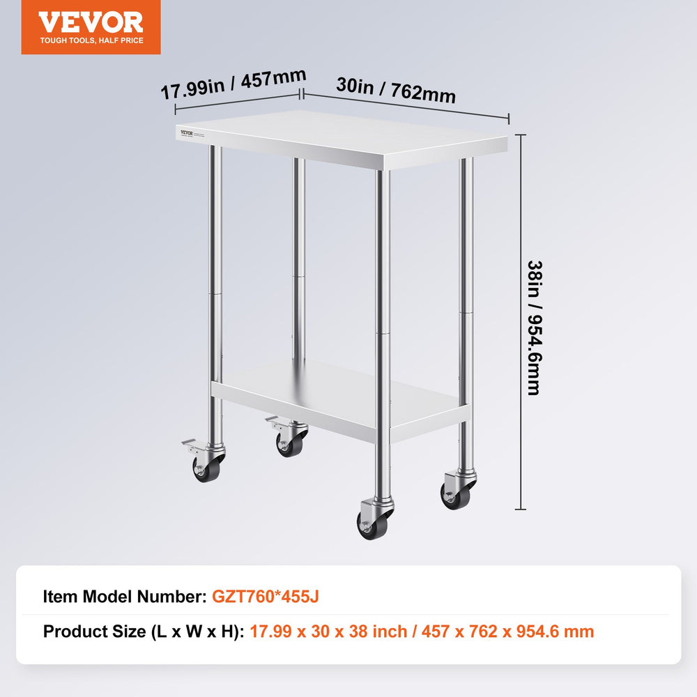 Vevor Prep Table 30" x 18" x 38" Stainless Steel Food Worktable with Wheels New