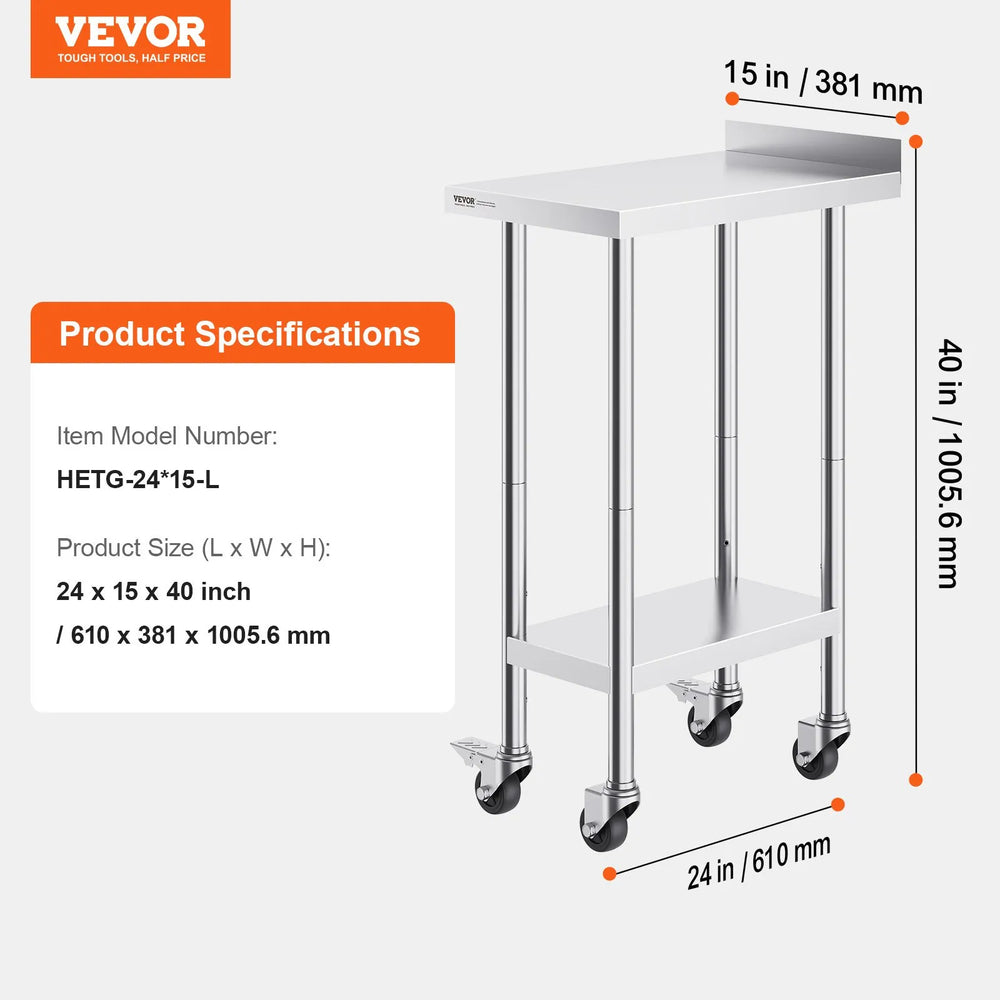 Vevor Prep Table 24" x 15" Stainless Steel Worktable with Casters New