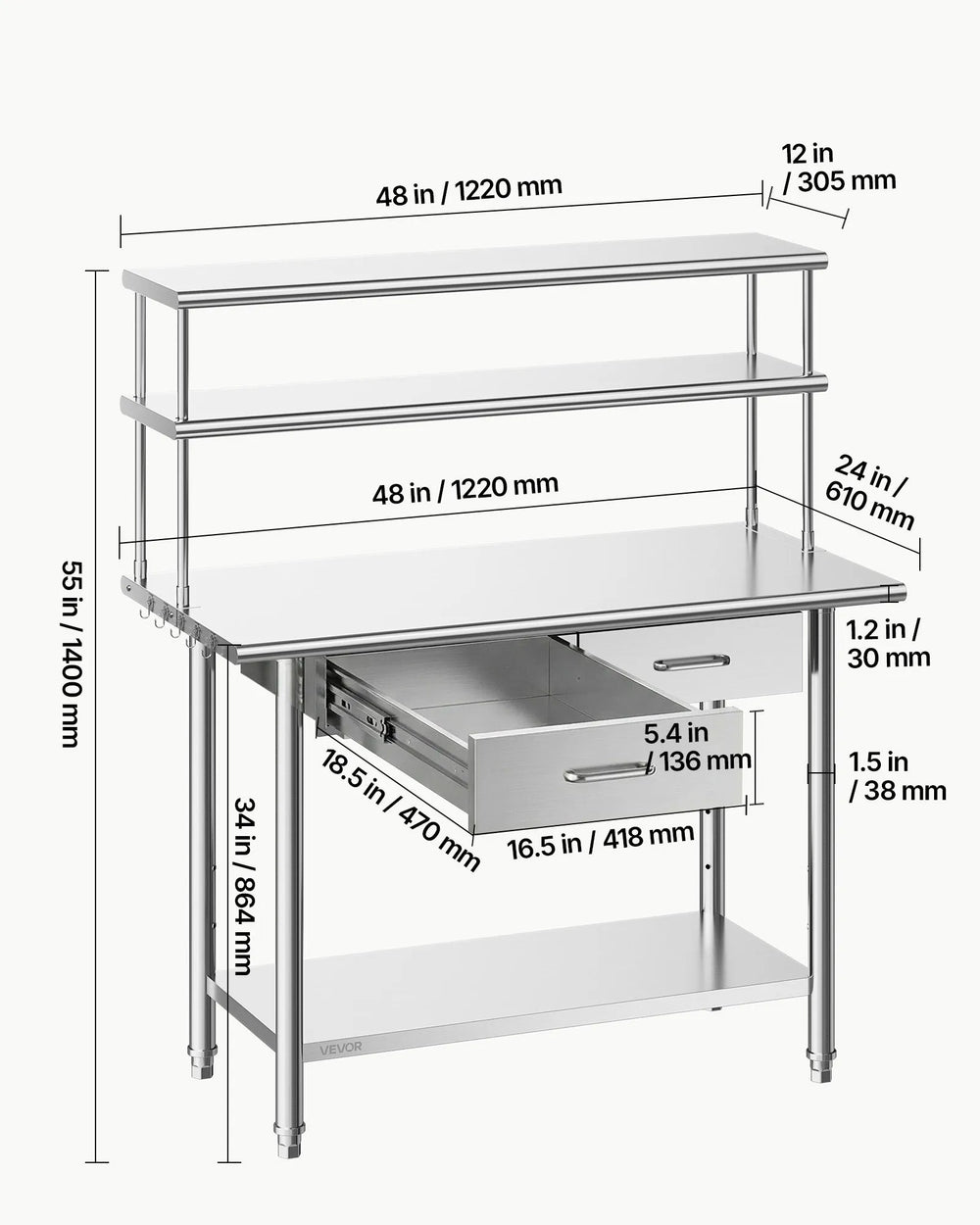 Vevor Work Table Stainless Steel 24" x 48" Food Prep Table with Overshelves and 2 Drawers New