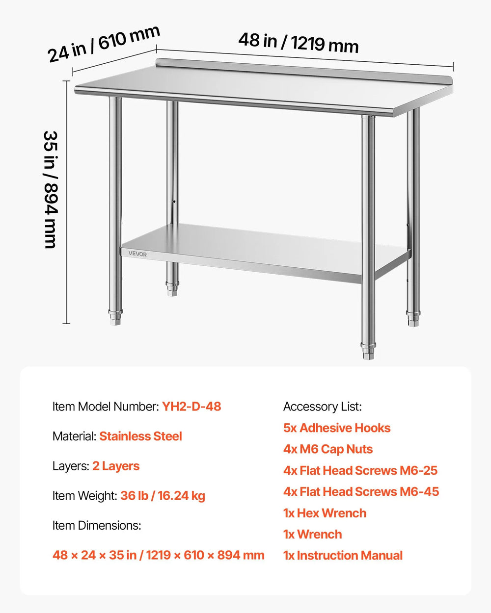Vevor Work Table 24" x 48" Stainless Steel Food Prep Table with Backsplash New