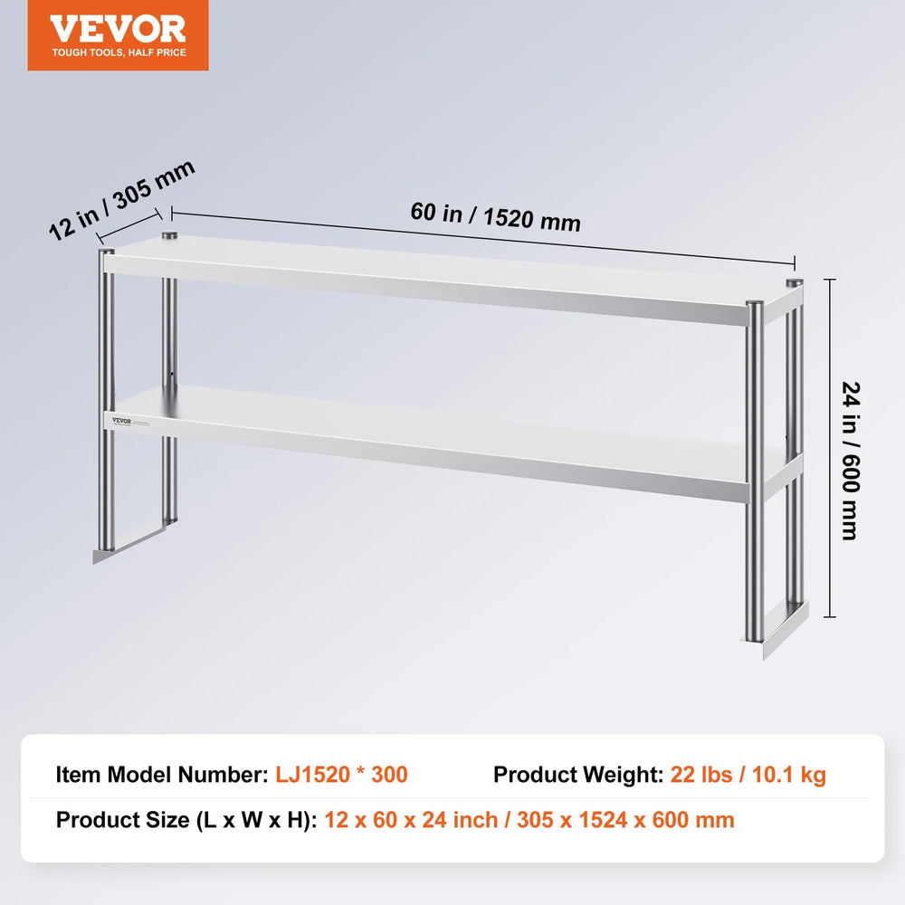Vevor Overshelf for Prep Table Double Tier Stainless Steel 12" x 60" Height Adjustable New