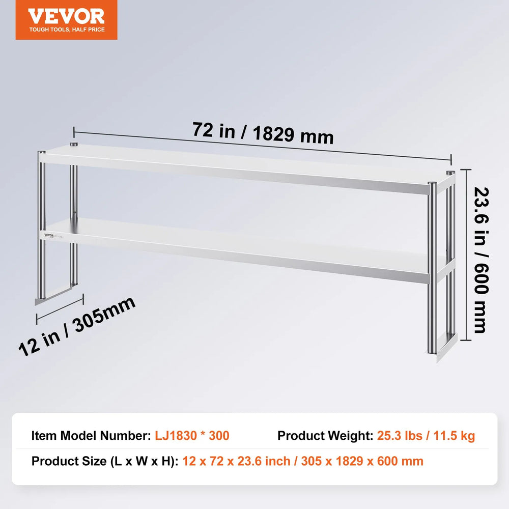 Vevor Overshelf for Prep Table 12" x 72" Double Tier Stainless Steel Adjustable Height New