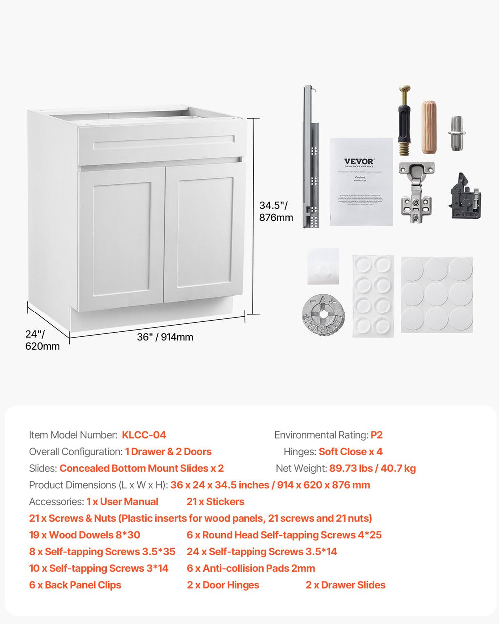 Vevor Shaker Base Cabinet 36" x 24" x 34.5" with Drawer Ready to Assemble New