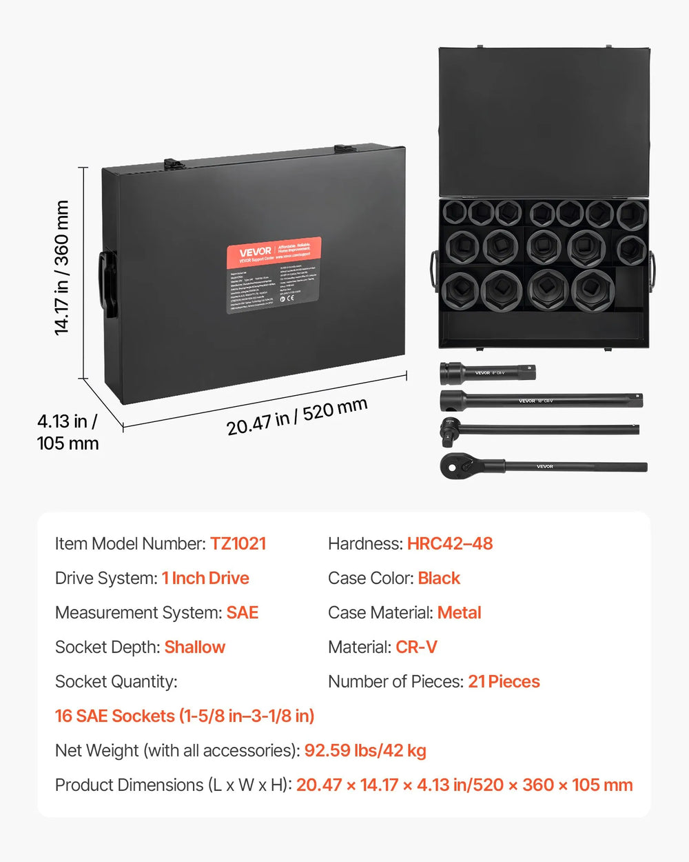 Vevor Impact Socket Set 21 Piece SAE 1-5/8 to 3-1/8 in. with Extension Bars 24 in. Ratchet New