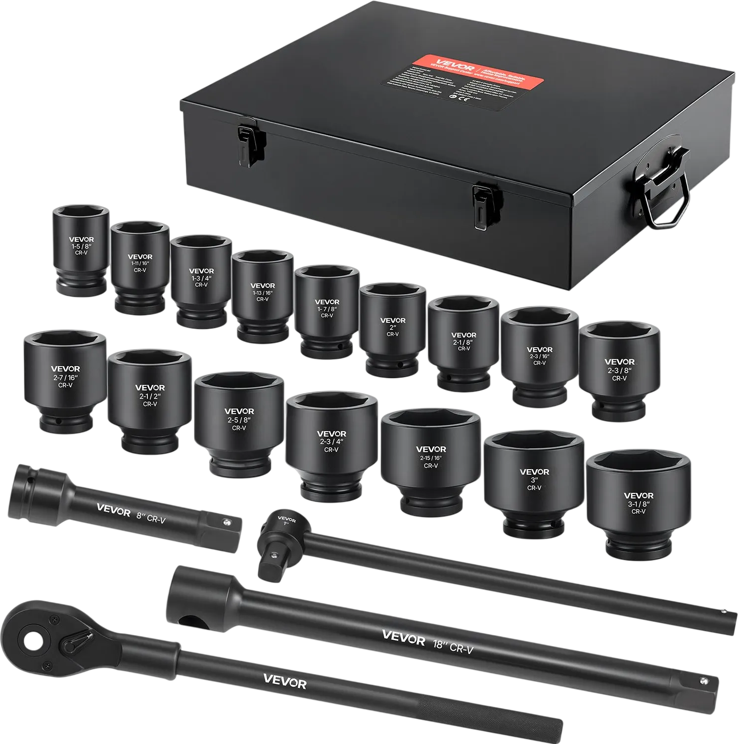 Vevor Impact Socket Set 21 Piece SAE 1-5/8 to 3-1/8 in. with Extension Bars 24 in. Ratchet New