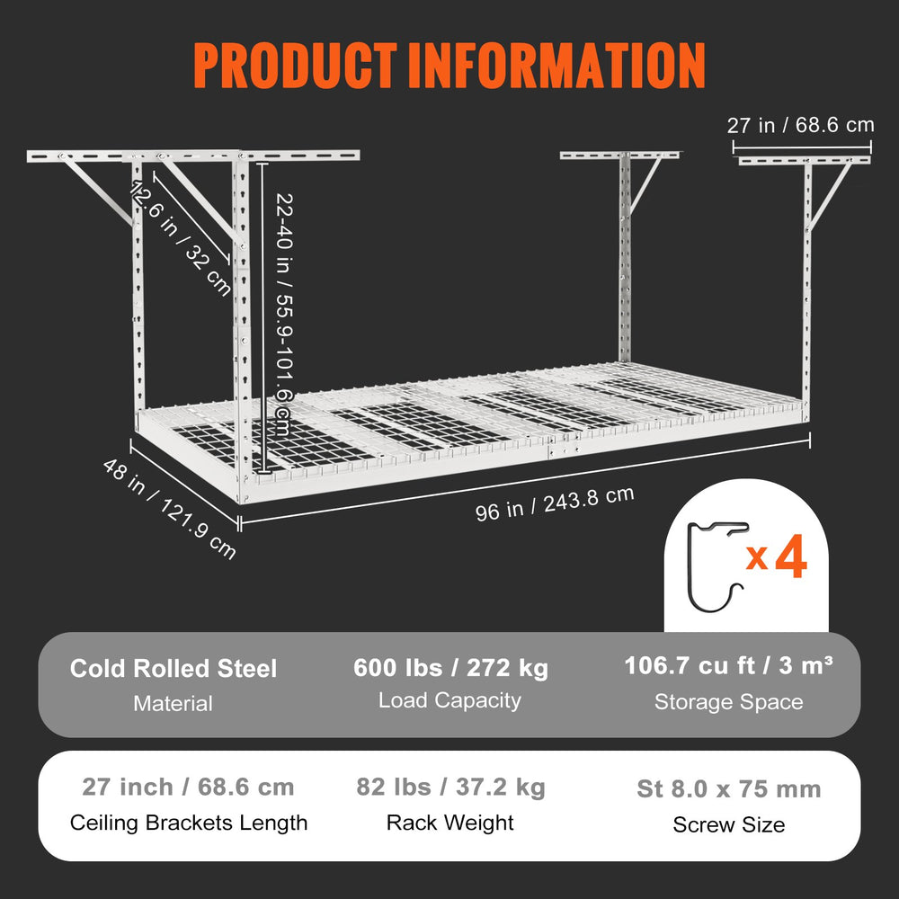 Vevor Overhead Garage Storage Rack 4' x 8' Adjustable Height 600 lbs Capacity New