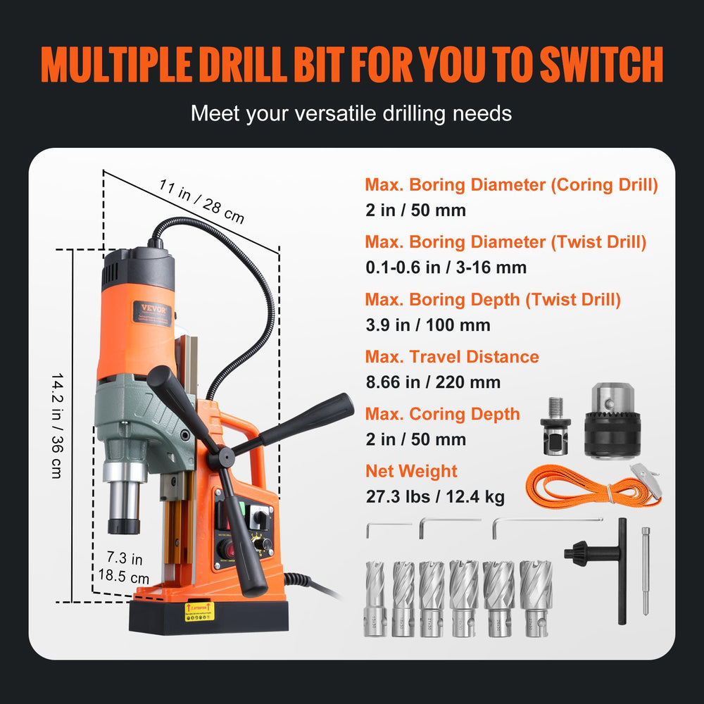 Vevor Magnetic Drill with Variable Speed 1450W 2" Boring Diameter 800RPM 12800N New