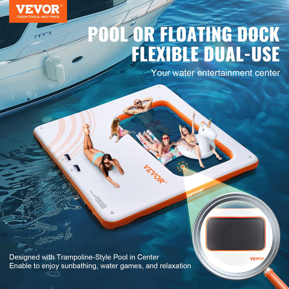 Vevor Inflatable Floating Dock 10x10 FT with 4x7 FT Trampoline Mesh Pool New