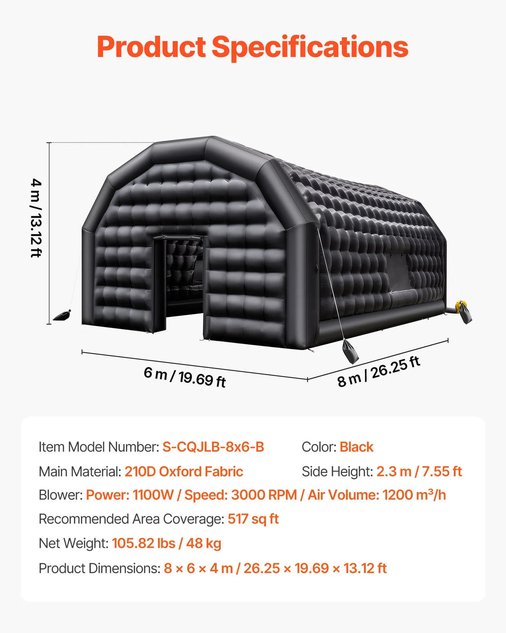 Vevor Inflatable Nightclub 26.2' x 19.7' x 13.1' Blow-Up Party Tent 517 Sq Ft Waterproof 1100W Blower New