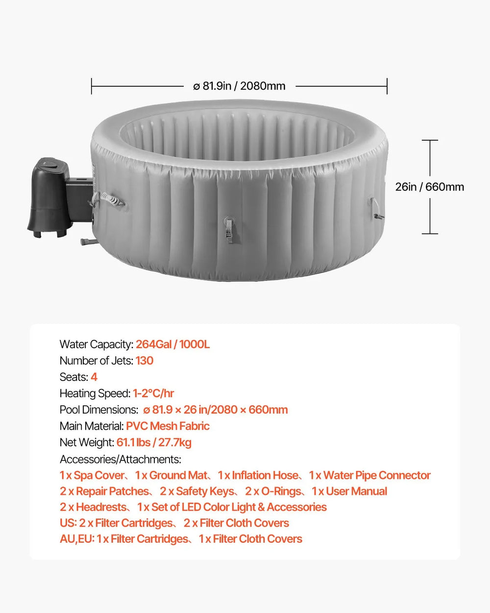 Vevor Inflatable Hot Tub Round 81.9" 4-6 Person Capacity with 130 Jets LED Light New