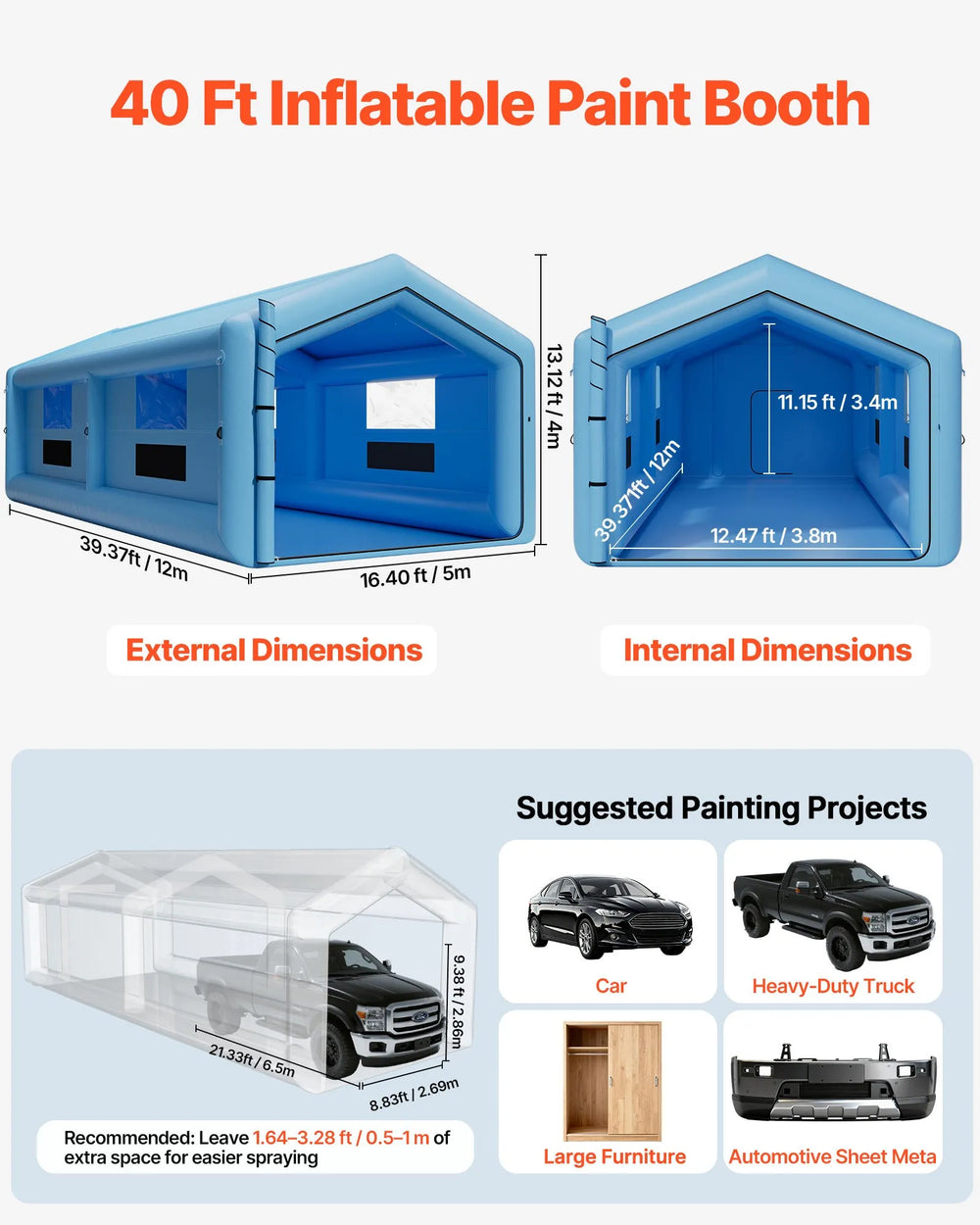 Vevor Inflatable Paint Booth 39.37' x 16.4' x 13.12' Spray Tent 950W 1100W Blowers Air Filter System New