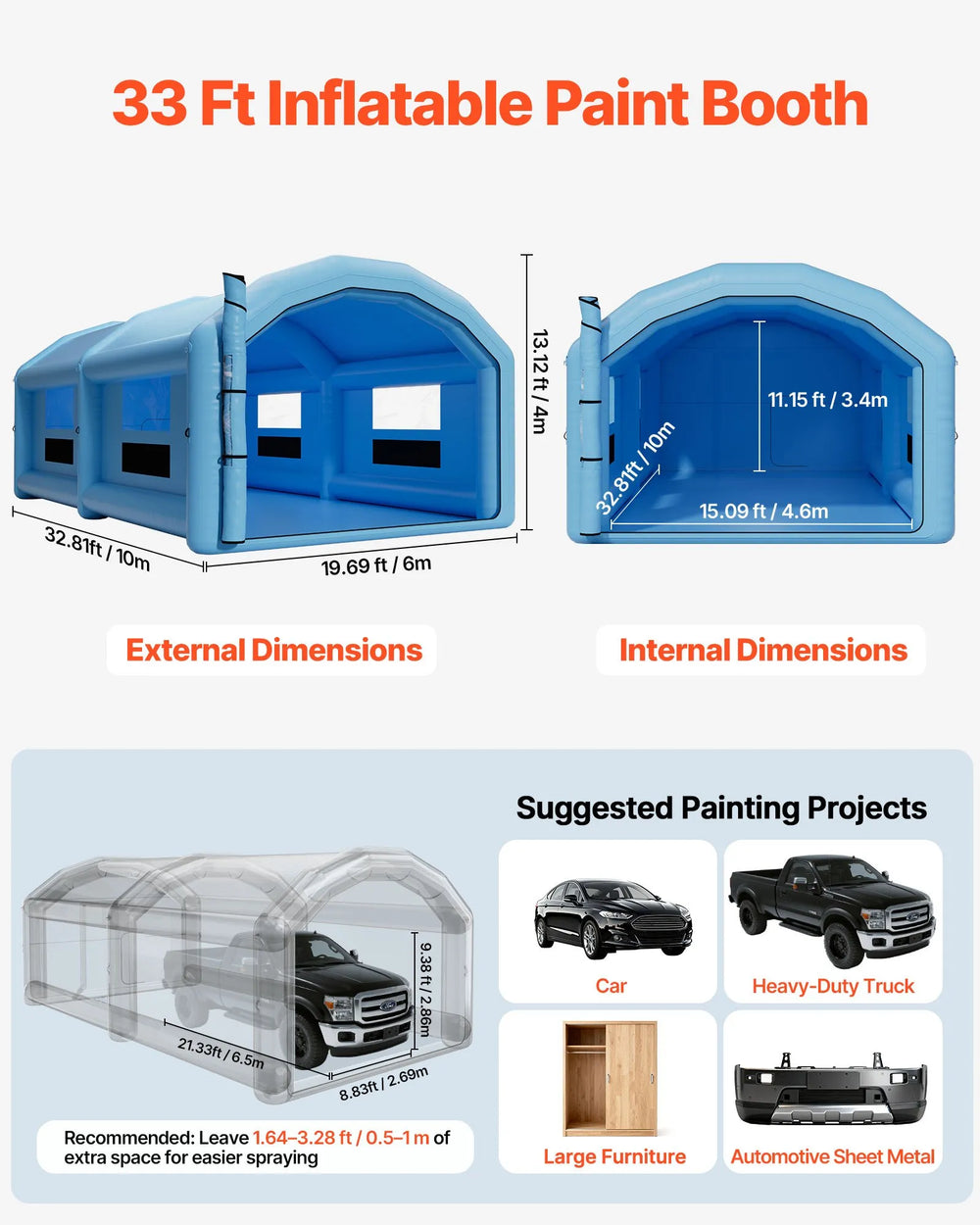Vevor Inflatable Paint Booth 32.81' x 19.69' x 13.12' Spray Tent 950W 1100W Blowers Air Filter System New