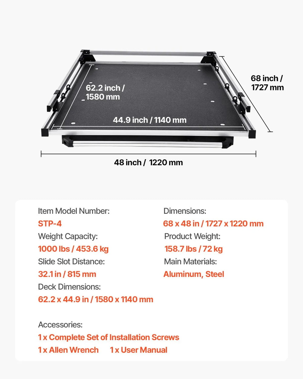 Vevor Truck Bed Organizer 68" x 48" Slide-Out Tray 1,000 lb. Capacity New