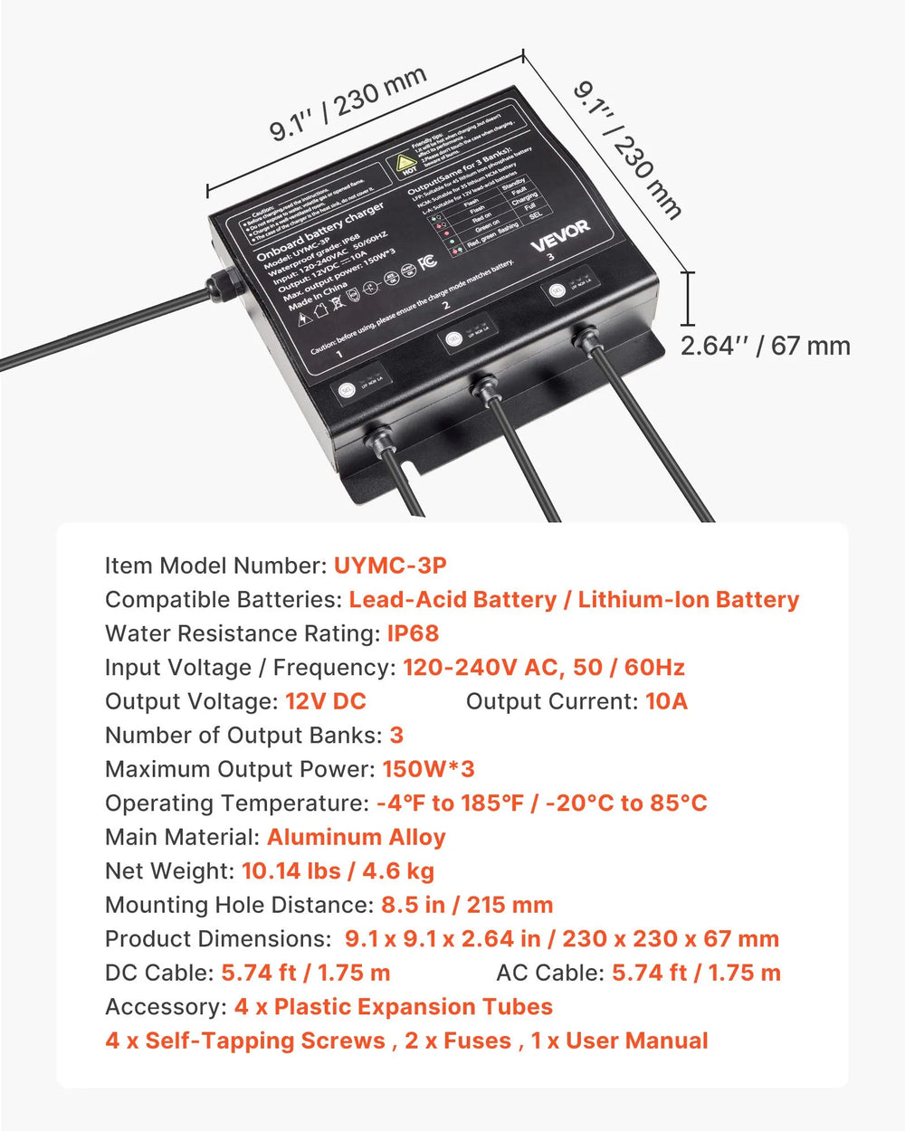 Vevor Marine Battery Charger 3-Bank 12V 10A Waterproof Smart On-Board New