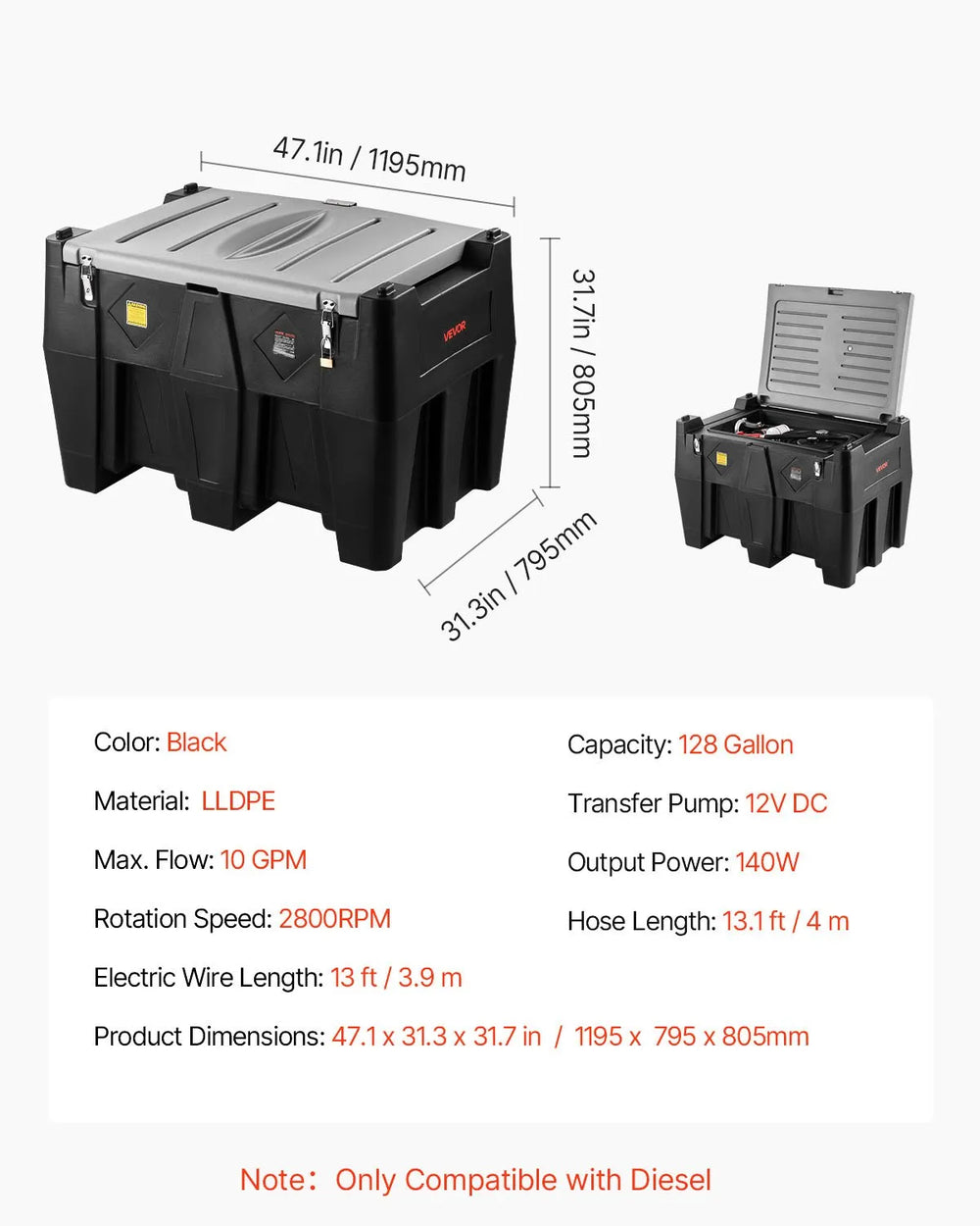 Vevor Portable Diesel Fuel Tank with Electric Transfer Pump 128 Gal. Capacity 10 GPM Flow Rate New