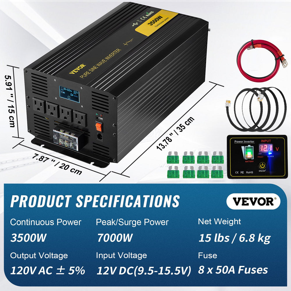 Vevor Pure Sine Wave Inverter 3500W DC 12V to AC 120V LCD Display and Remote Controller New